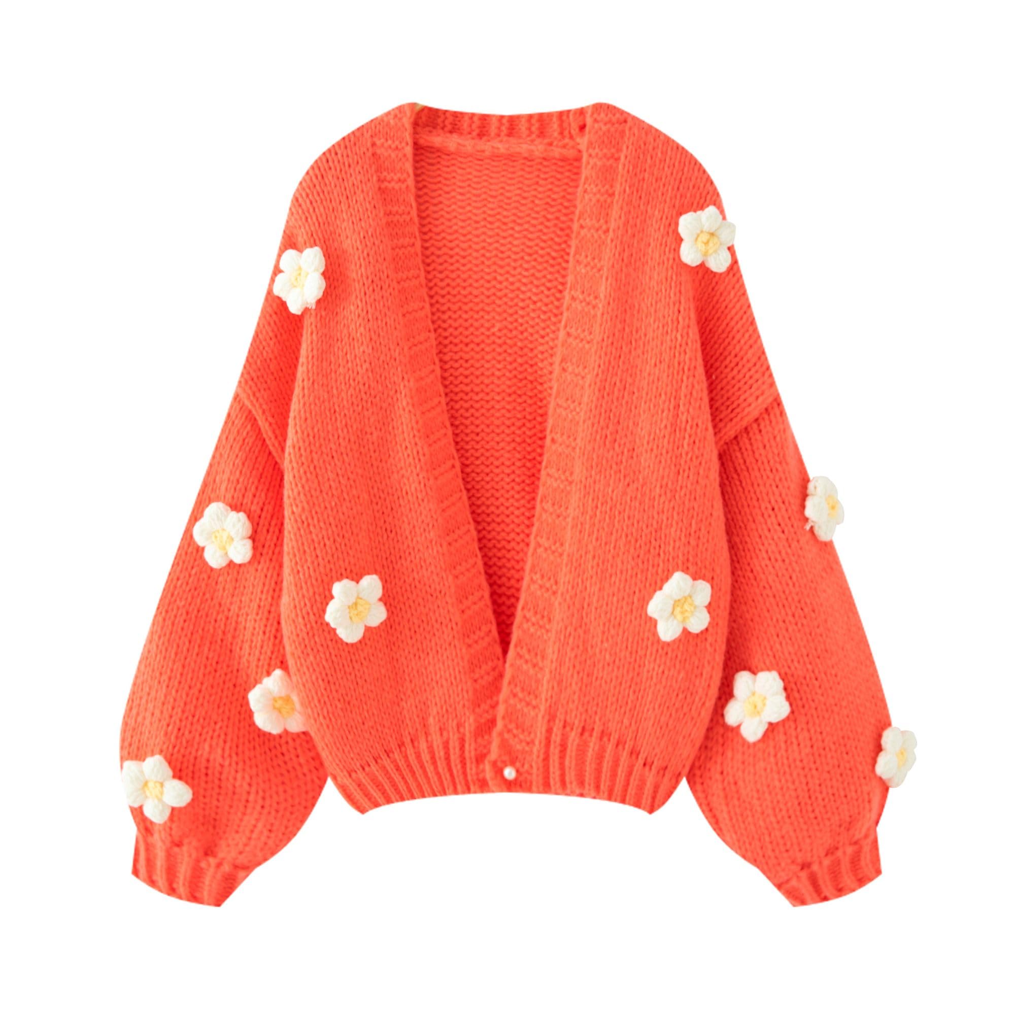 Women's Kawaii Strawberry Embroidered Cardigan Long Sleeve V Neck Chunky Knitted Cardigans