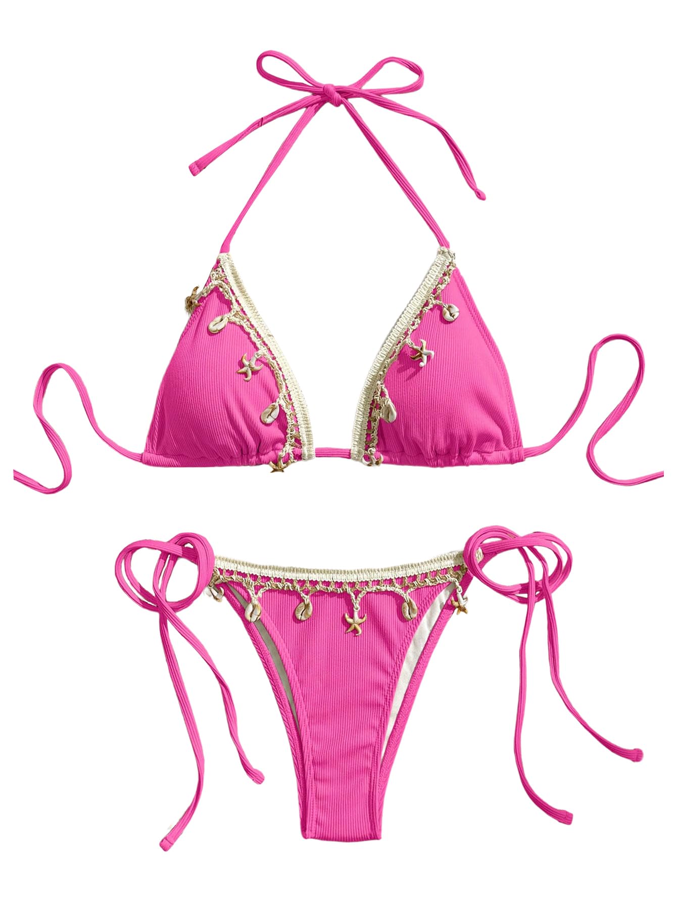 Women's 2 Piece Halter Triangle Bathing Suit Ribbed Bikini Swimsuits