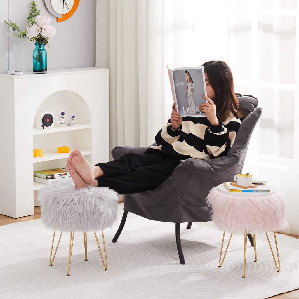 Faux Fur Storage Ottoman Round Furry Vanity Stool Marble Grain Tray Coffee Table Compact Footrest Stool with 4 Metal Legs Soft Makeup Seat Foot Stools for Living Room Bedroom Entryway