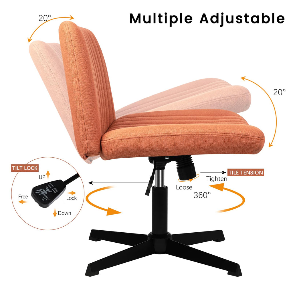 Criss Cross Chair, Armless Cross Legged Office Desk Chair No Wheels, Fabric Padded Modern Swivel Height Adjustable Mid Back Wide Seat
