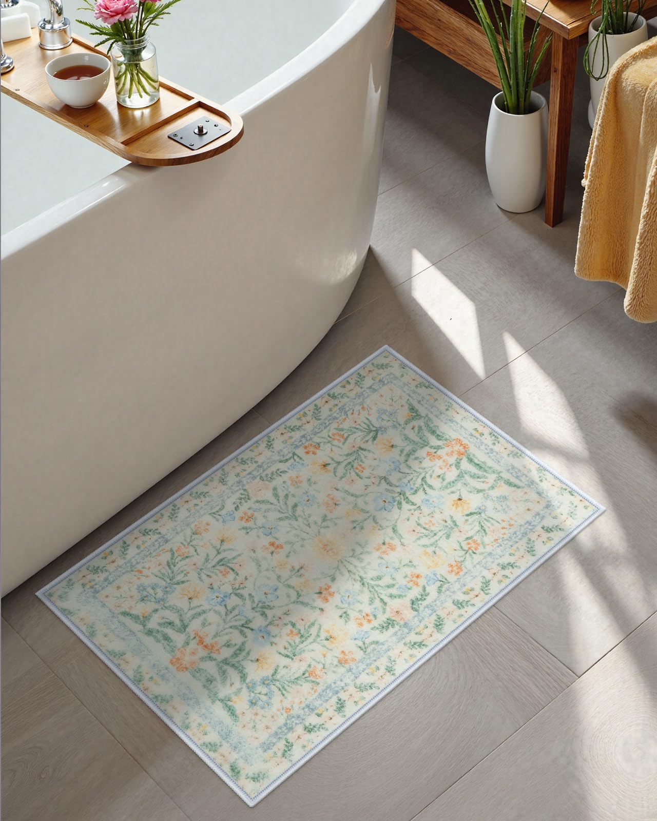 New Boho Floral Bath Rugs, Non Slip Washable Bathroom Rugs Fit Under Door, Ultra Soft and Absorbent Bath Mat