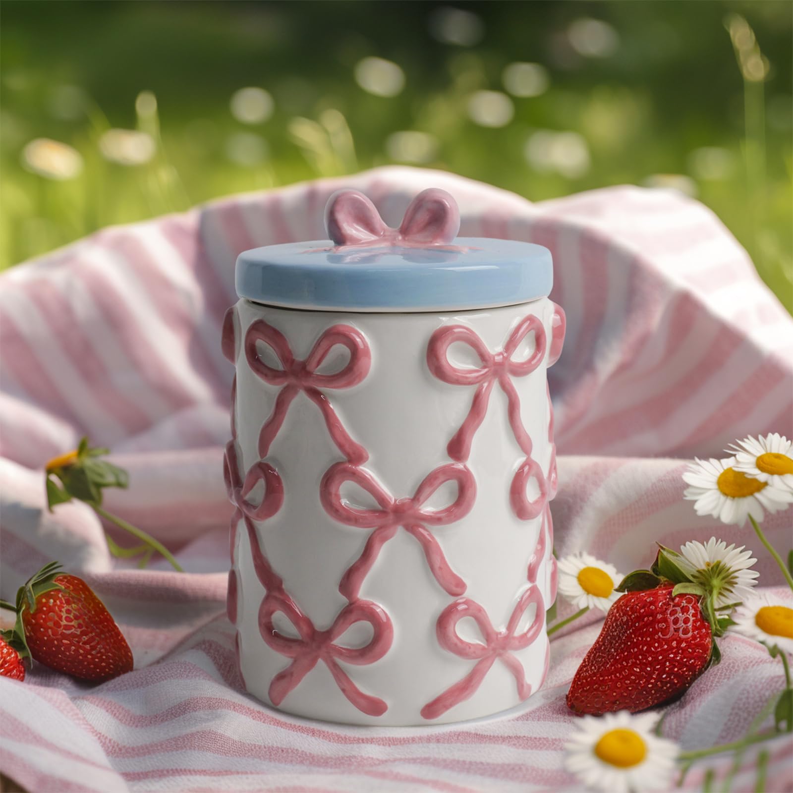 Cookie Bow Jars with Lid Airtight, 7.5 Inch Large Ceramic Food Storage Containers (42oz)