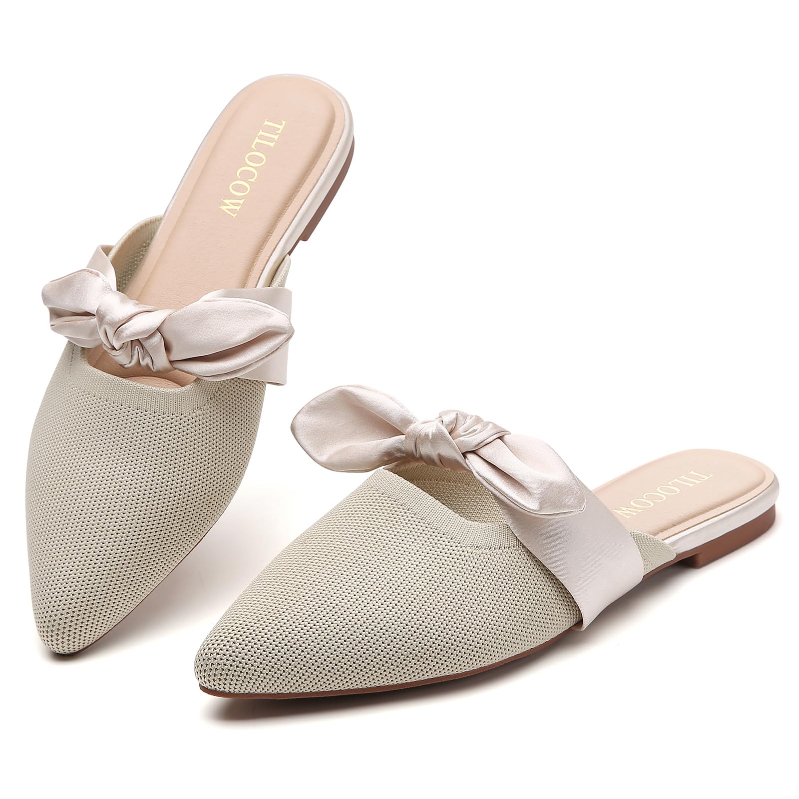 Knotbow Mules for Woman Pointed Toe Flats Bow Mules Slip On Slides Flats Shoes Women Dressy Comfortable