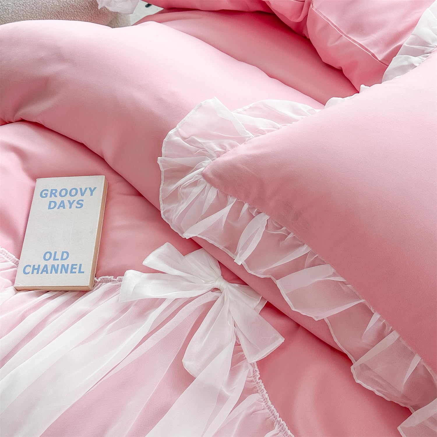 Girls Lace Bedding,Queen Comforter Cover Set, Chic Ruffled Duvet Cover with Lovely Bow,Princess Style 1 Duvet Cover with 2 Pillowcases, No Comforter-Hot Pink,Full Size