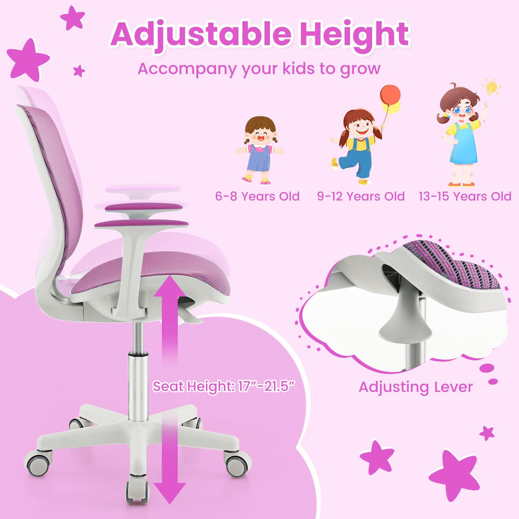 Swivel Mesh Task Chair Height Adjustable Children Study Computer Chair with Armrests, Sit-Brake Casters