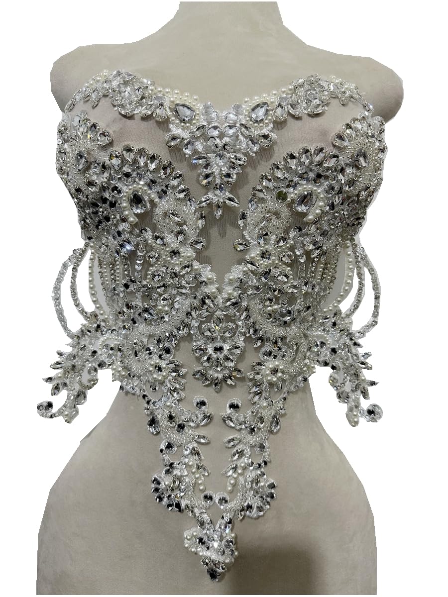 Handmade red/Blue/Gold/Green Rhinestones lace Bodice Applique Sewing Beads Crystal Trim Patches Accessory for Dress Clothes (Rose red)