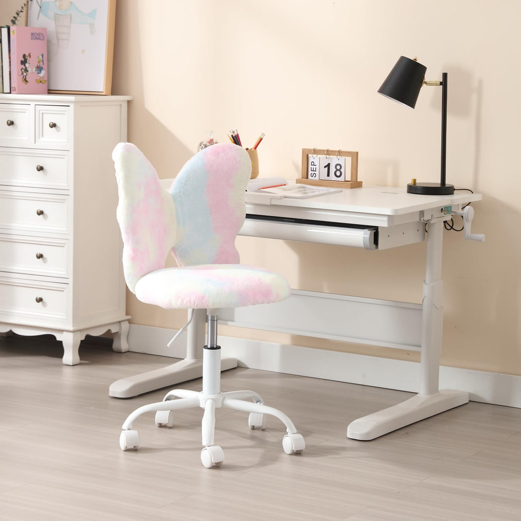 Kids Desk Chair Butterfly Faux Fur Study Chair Adjustable Vanity Chair, Small Cute Student Task Chair with White Foot