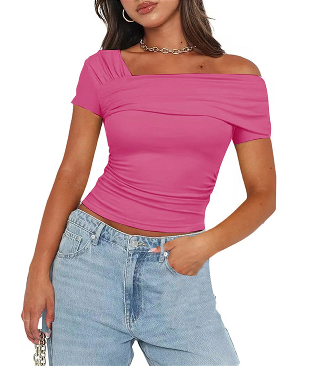 Women's One Off The Shoulder Top - Short Sleeve Ruched Going Out Crop Top Slim Fit Y2K T Shirt