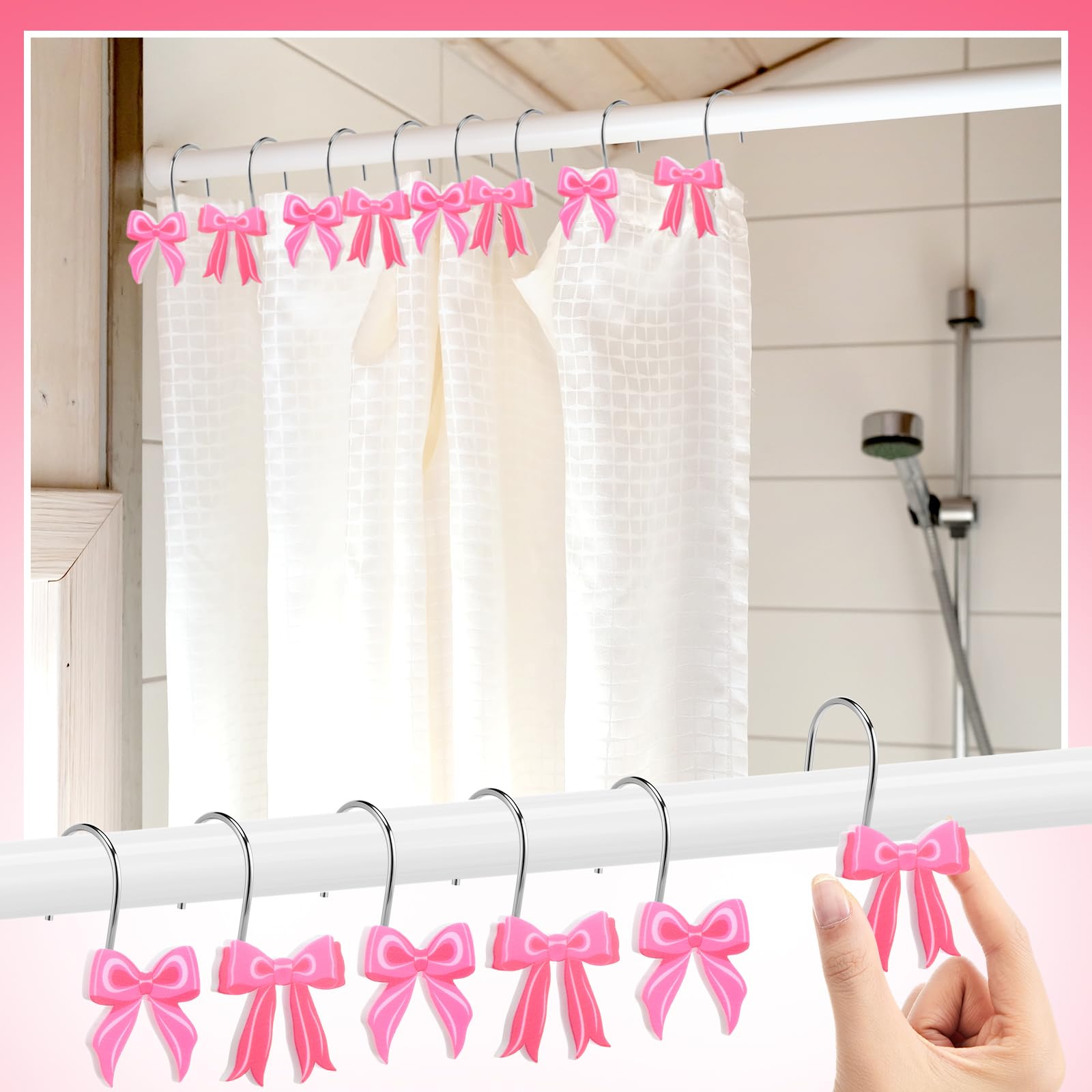 Pink Bow Shower Curtain Hooks Metal Rustproof Curtain Hangers