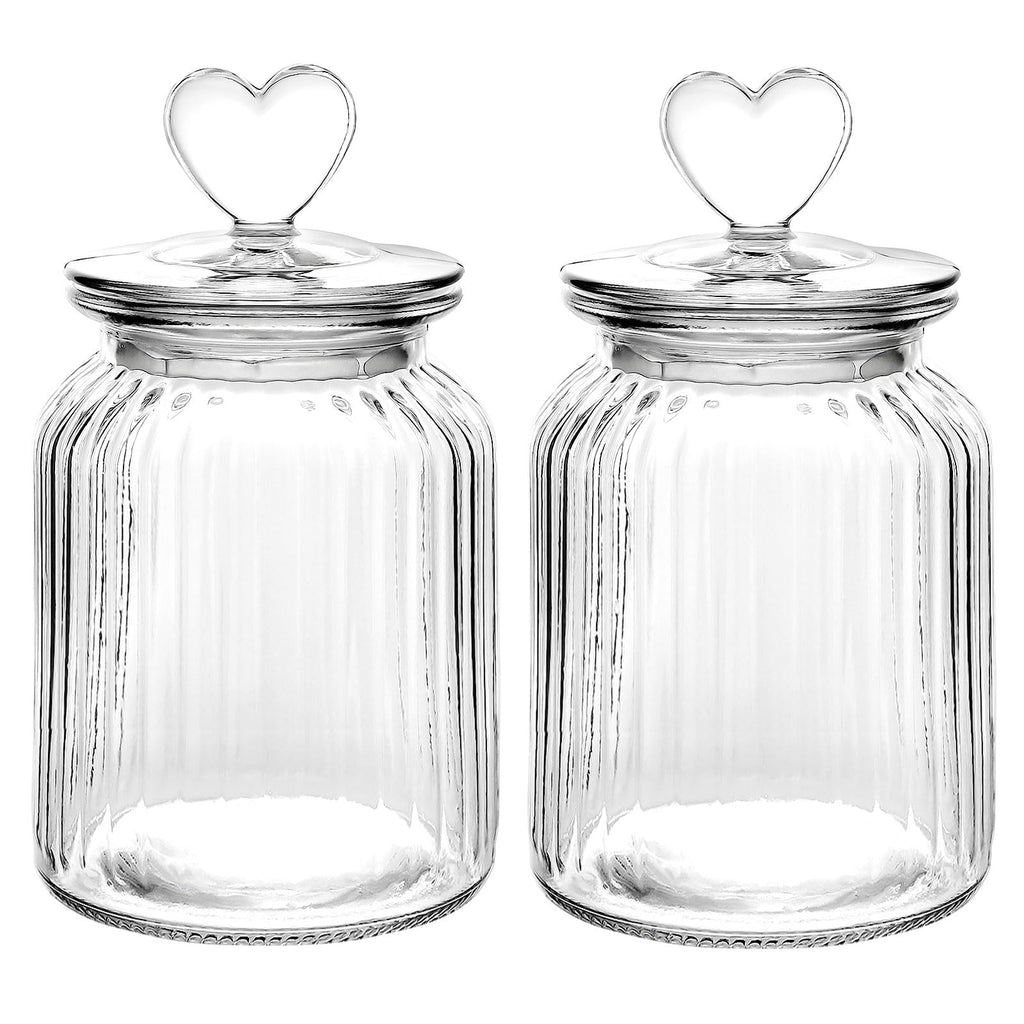 Set of 2 Airtight Glass Jars Decorative Jars, 32oz Jar of Hearts Cute Cookie Jar Decorative Jars with Lids Candy Jars for Candy Buffet Heart Shaped Lid - Drops Textured