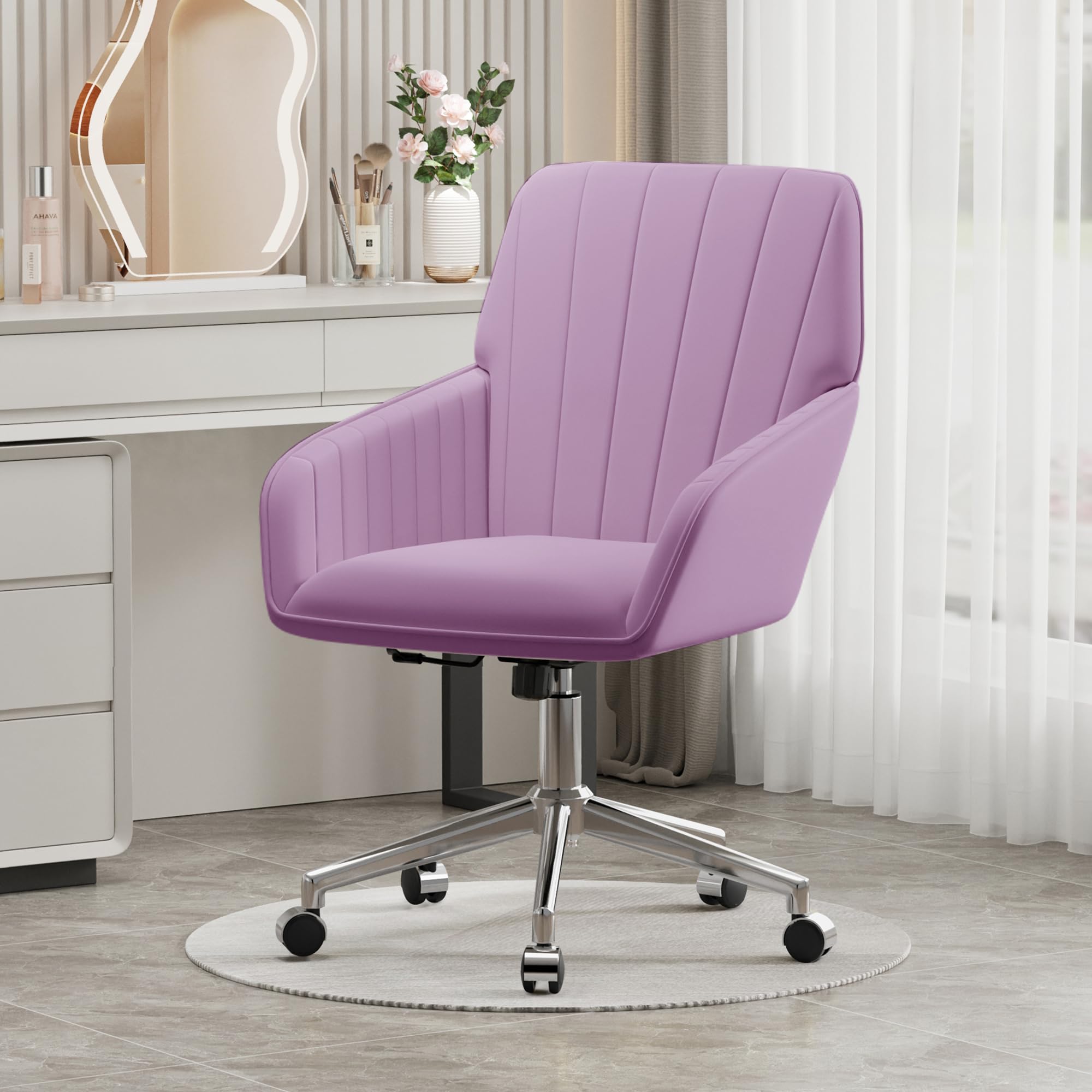Velvet Modern Cute Chair with Back, Height Adjustable Upholstered Vanity Chair with Swivel Wheels