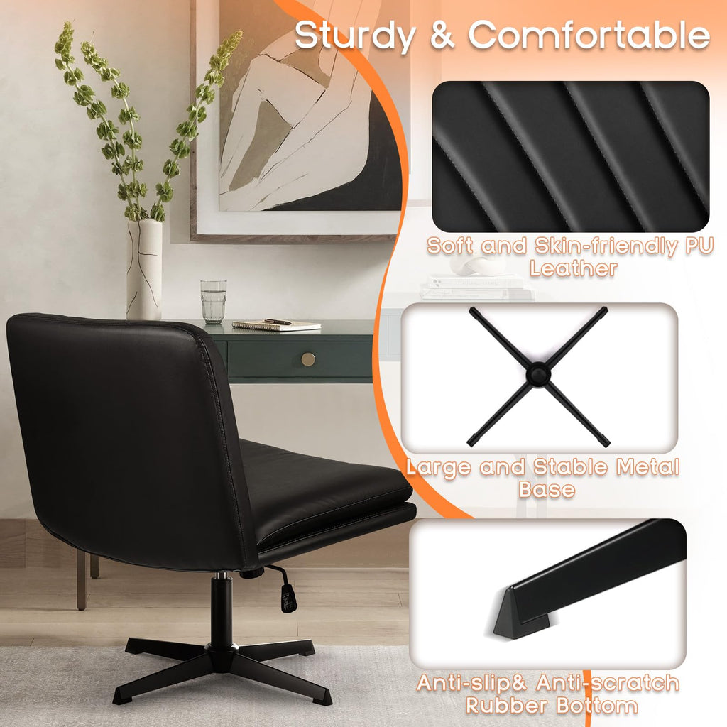 Criss Cross Chair, Armless Cross Legged Office Desk Chair No Wheels, Fabric Padded Modern Swivel Height Adjustable Mid Back Wide Seat