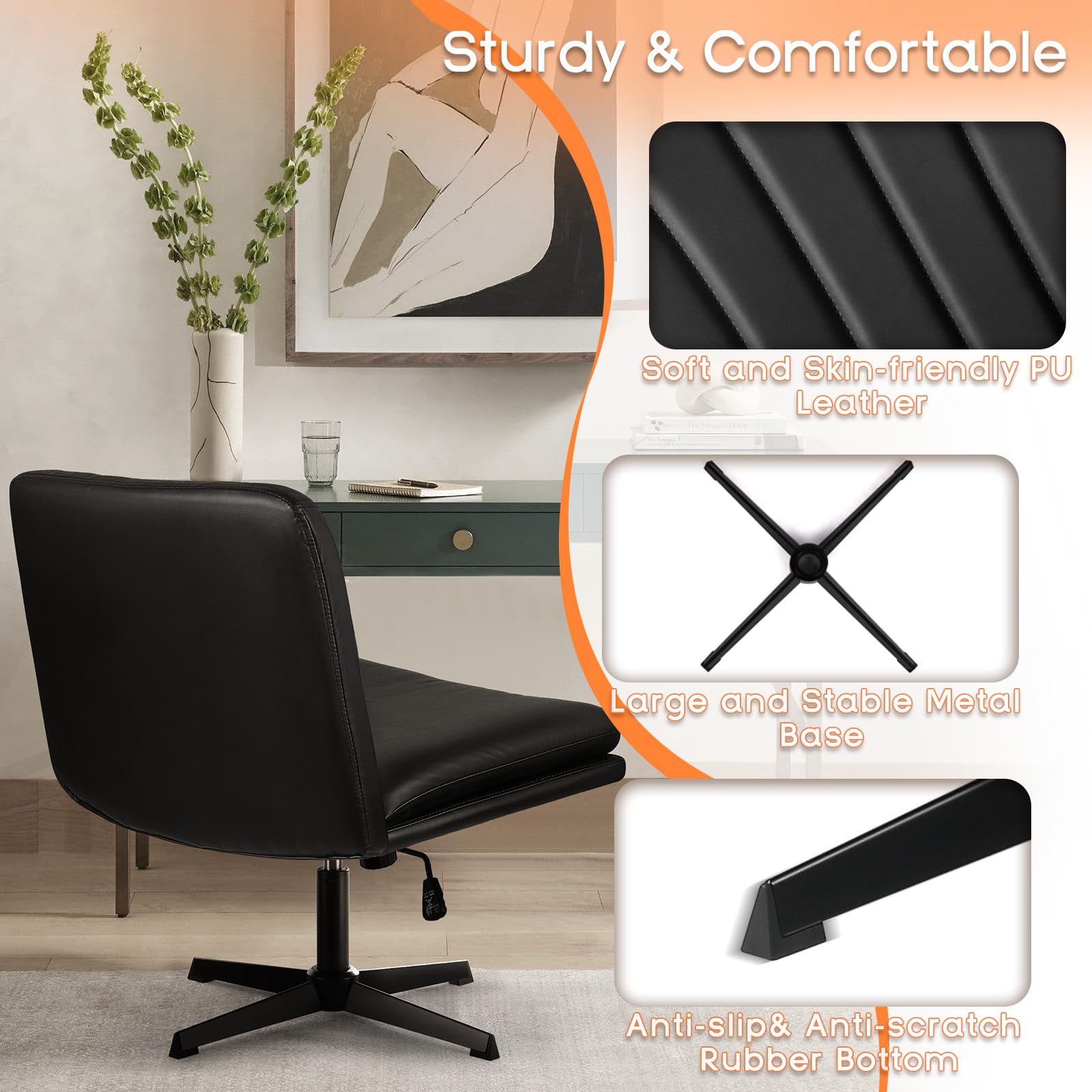 Criss Cross Chair, Armless Cross Legged Office Desk Chair No Wheels, Fabric Padded Modern Swivel Height Adjustable Mid Back Wide Seat