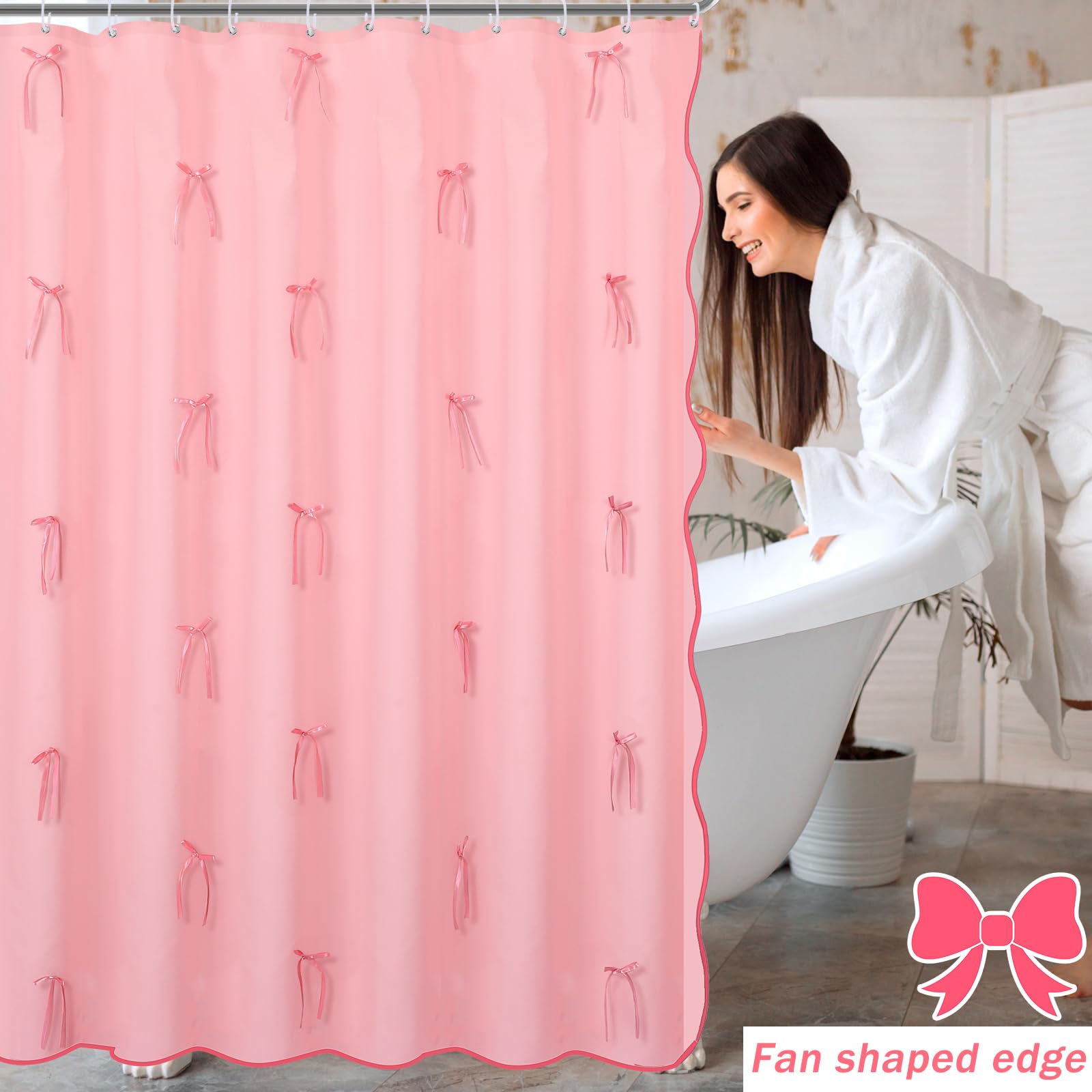 Cute Scalloped Bath Bow Shower Curtain with 12 Hooks Bowknot Waterproof Aesthetic Bathroom Decor for Women Girls Accessory, 72 Inches