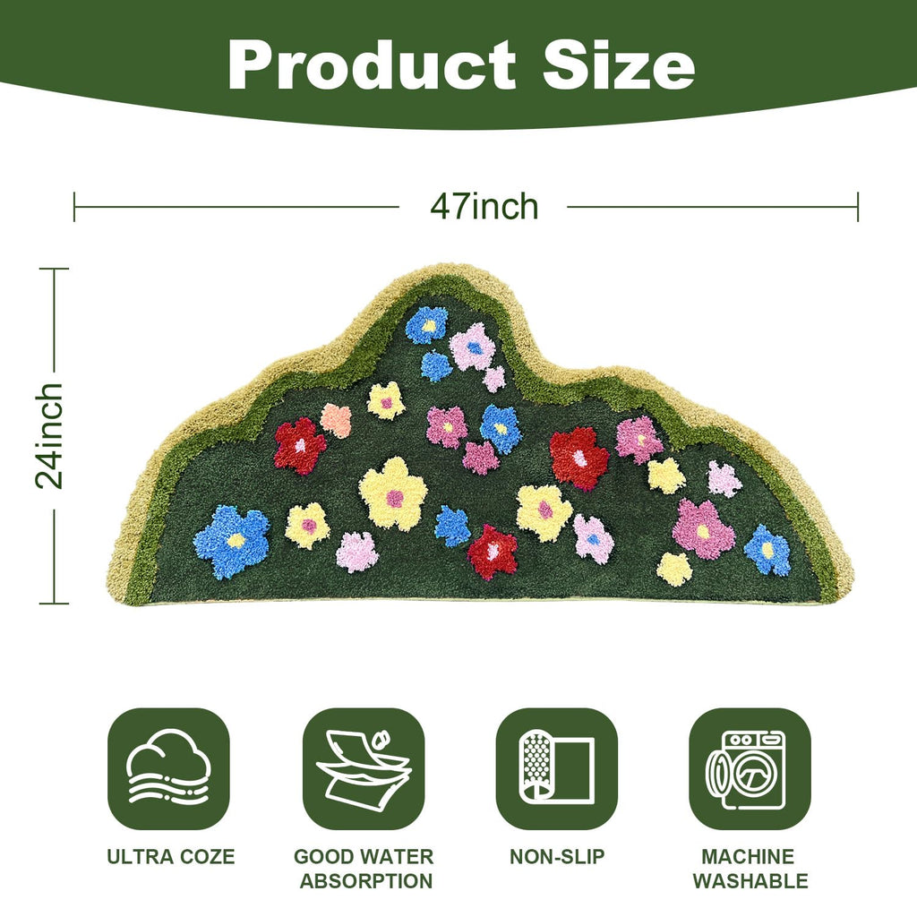 Green Moss Bathroom Rugs Bath Mat Non Slip, Ultra Soft Absorbent Aesthetic Decor Shaggy Tufted Flower Long Bath Rugs