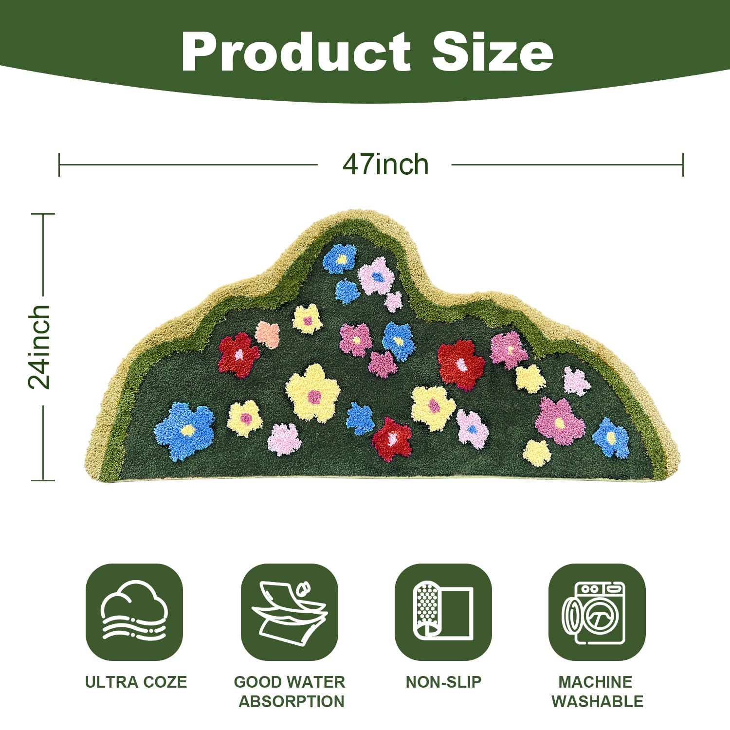 Green Moss Bathroom Rugs Bath Mat Non Slip, Ultra Soft Absorbent Aesthetic Decor Shaggy Tufted Flower Long Bath Rugs
