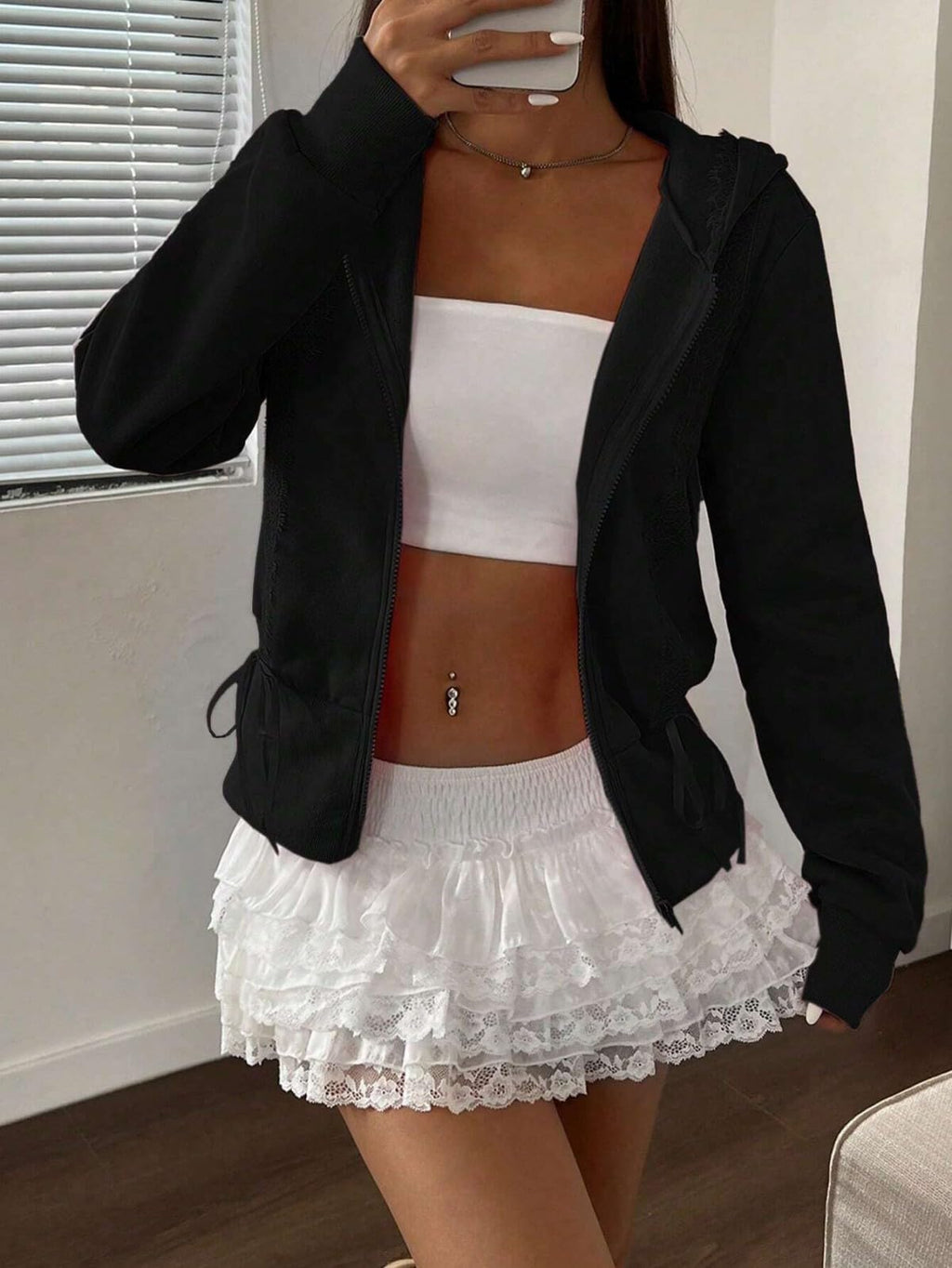 Women's Lace Patchwork Bow Zip-Up Crop Hoodie â€?Y2K Coquette Fleece Casual Hooded Sweatshirt