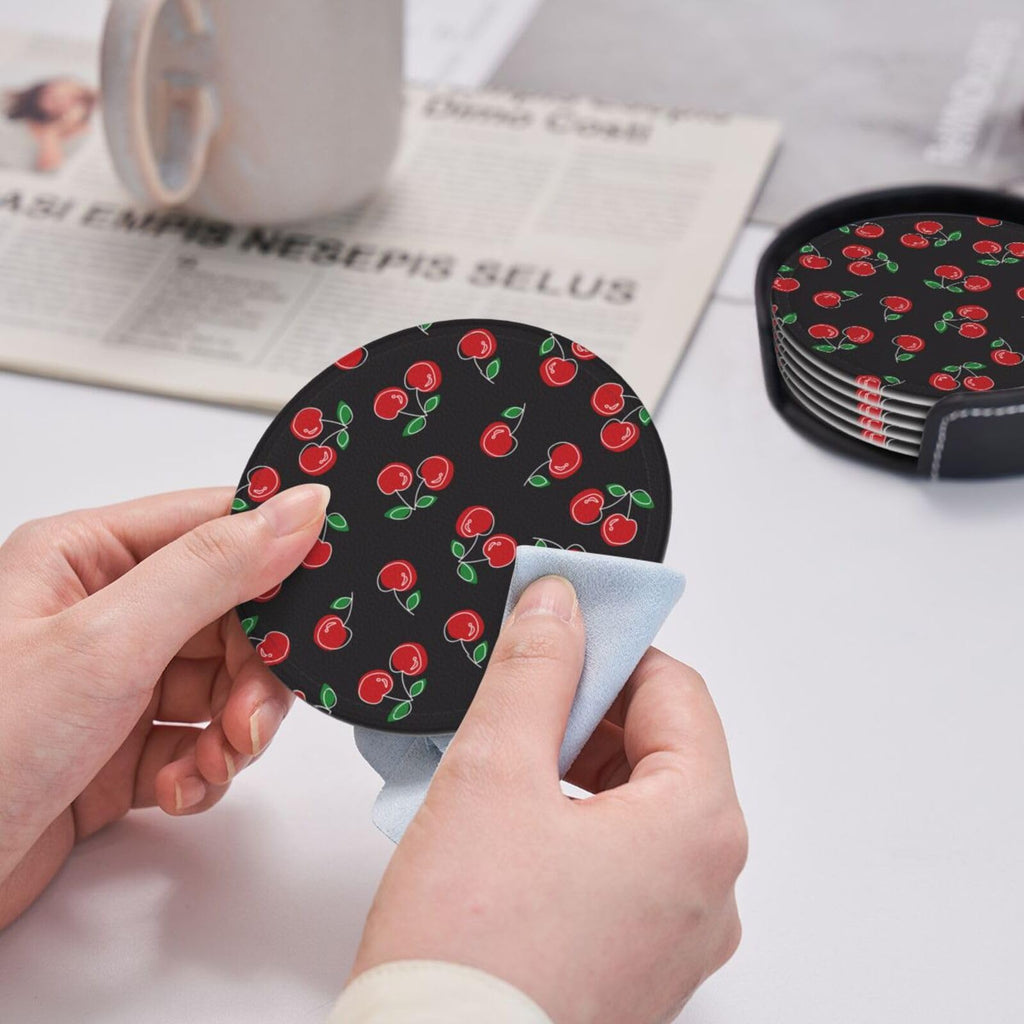 Coasters for Drinks Round Leather Coaster with Holder Set of 6 for Tabletop Protection