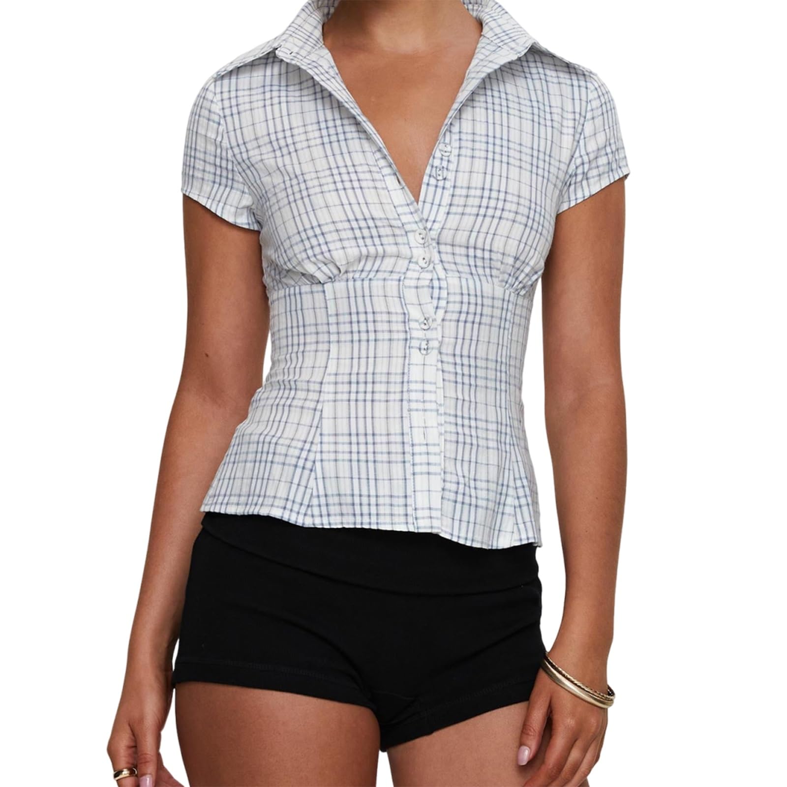 Y2k Fairy Plaid Button Down T Shirts Women Short Sleeve V Neck Aesthetic Tee Shirts Slim Fit Gingham Crop Top