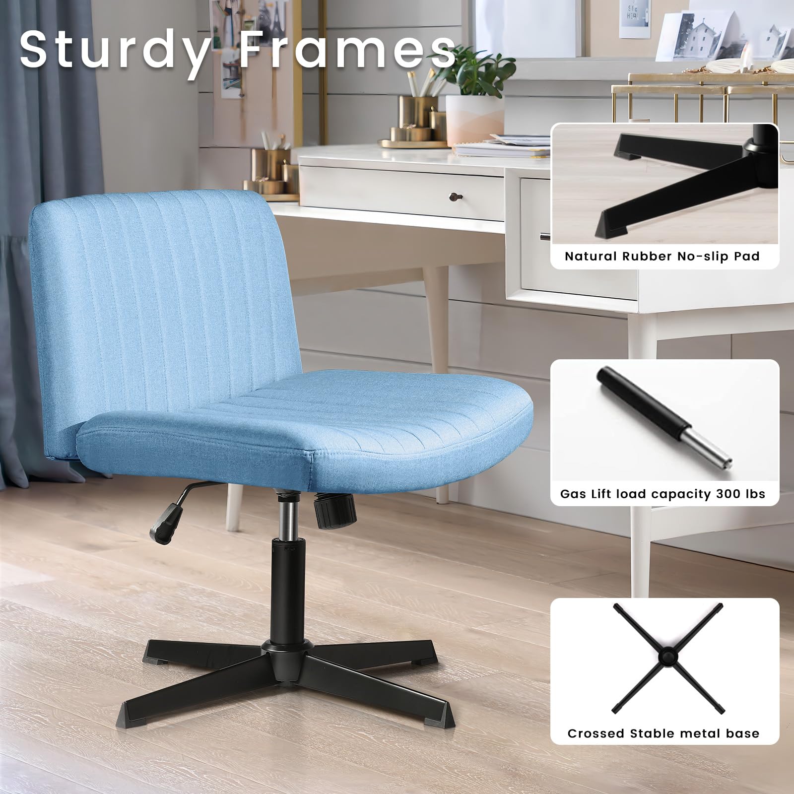 Criss Cross Chair, Armless Cross Legged Office Desk Chair No Wheels, Fabric Padded Modern Swivel Height Adjustable Mid Back Wide Seat