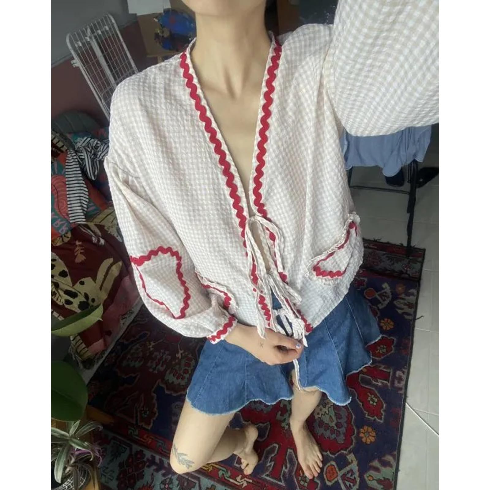 Tie Front Tops for Women Gingham Babydoll Bow Top Puff Sleeve Coquette Tops Heart Long Sleeve Cute Spring Tops