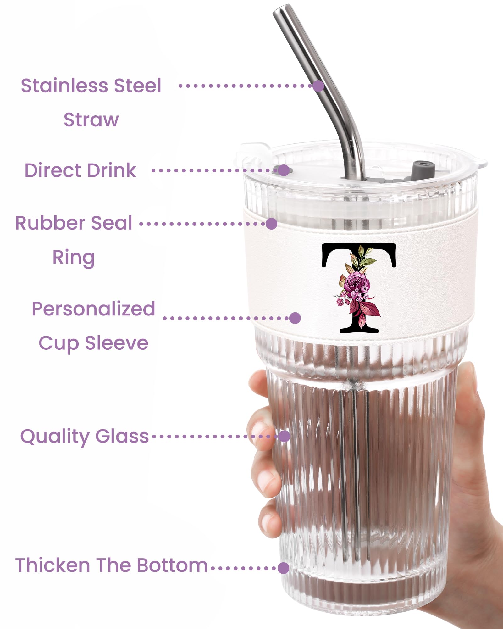 Initial Glass Cup with Lid Straw Ribbed Ice Tea Clear Tumbler Her Sister Coffee Matcha Latte Girlfriend Gf Aunt Best Friend Friendship Bestie Wife Cute Asthetic Unique Birthday Personalized Gift K