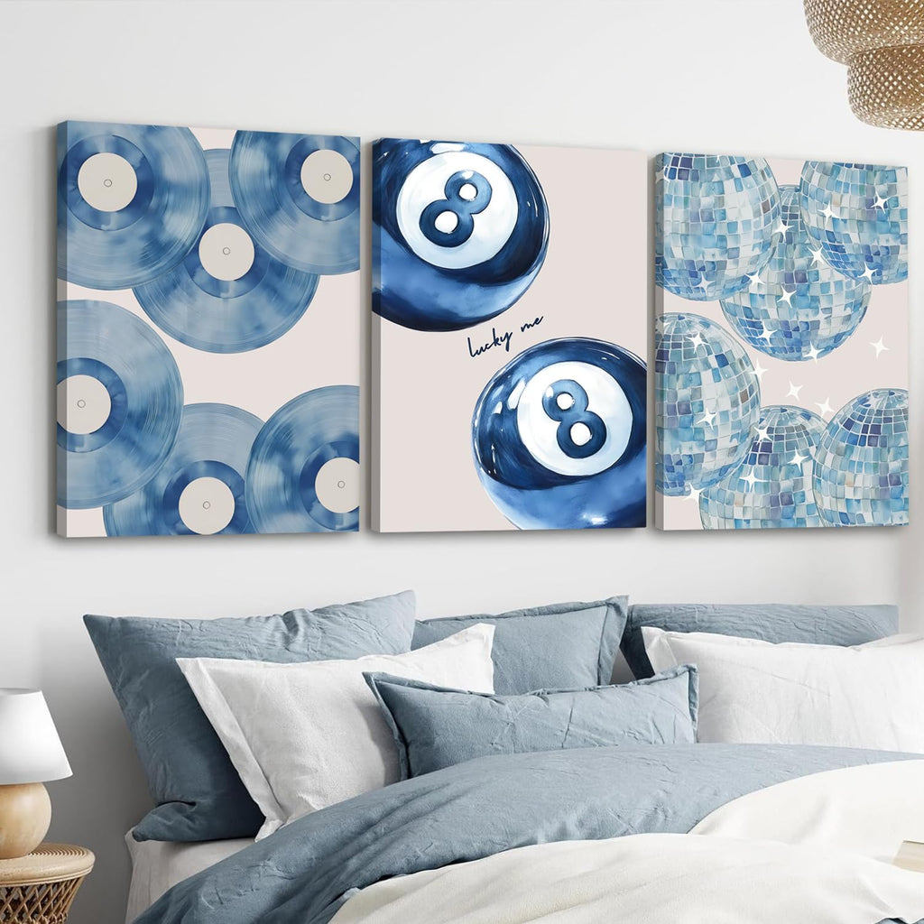 Trendy Blue Wall Art Set of 3, Preppy Navy Blue Wall Decor, Coquette Disco Lucky Me 8 Ball Poster Canvas Prints Aesthetic Pictures Room Dorm