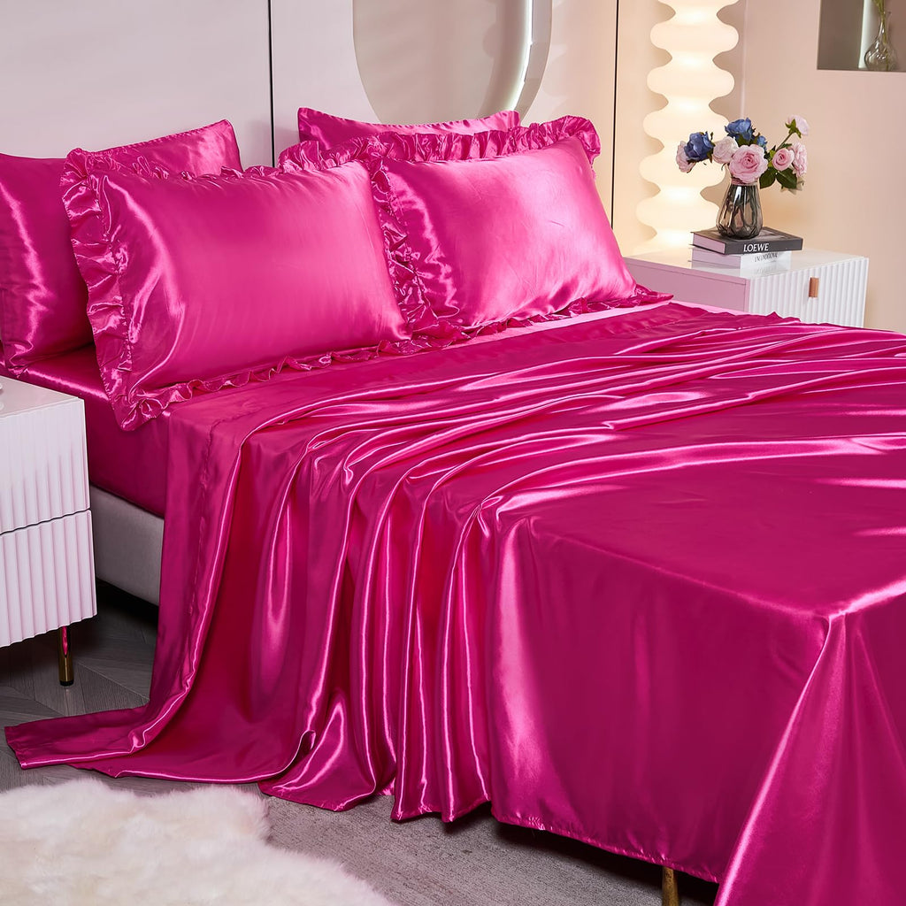 Ruffle Comforter Set 8 Pieces Satin Comforter Set with Sheet Set - Waterfall Ruffle Design Luxurious Silky Comforter Set