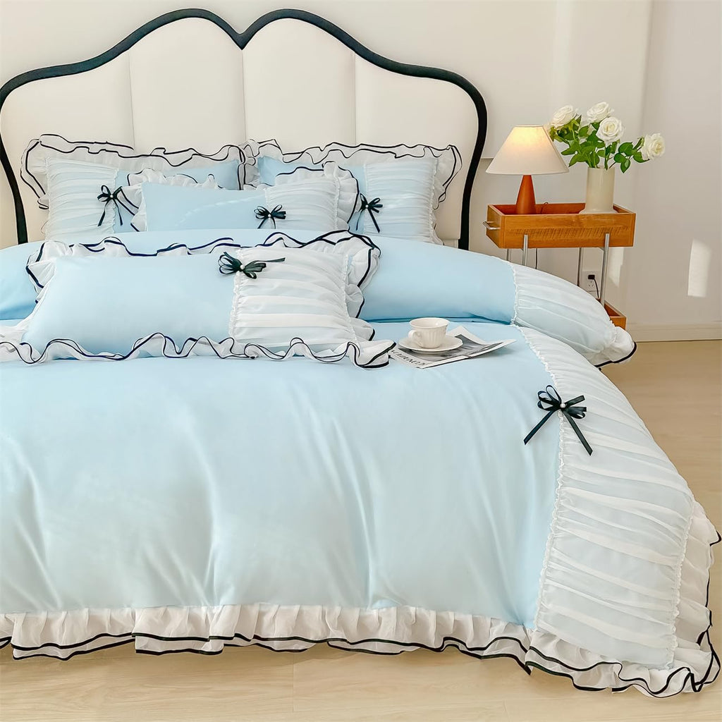 Duvet Cover Ruffle Beddding Set with Bowtie - 3 Pieces Comforter Cover Set with Zipper Closure & Pillowcase - Comforter Not Included
