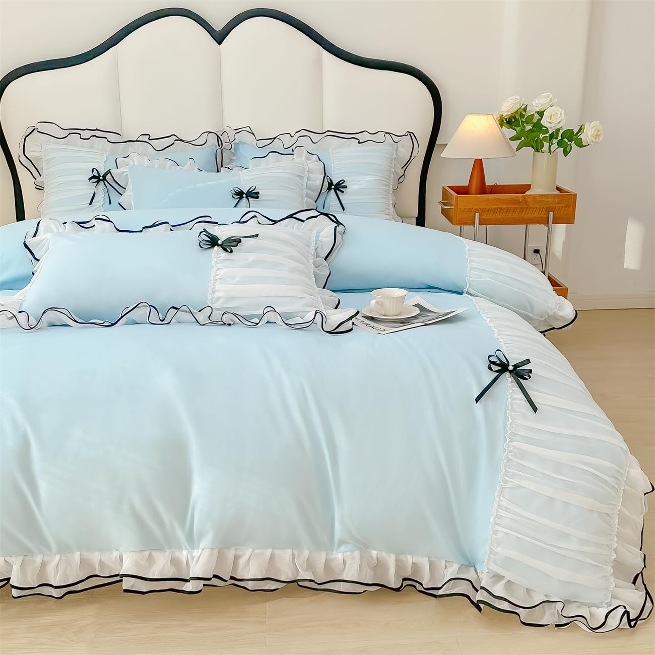 Duvet Cover Ruffle Beddding Set with Bowtie - 3 Pieces Comforter Cover Set with Zipper Closure & Pillowcase - Comforter Not Included