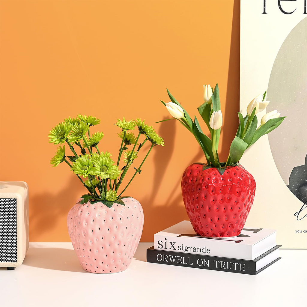 Strawberry Vase for Flowers, Dusty Pink Ceramic Fruit Vase, Strawberry Shaped Planter Pot with Green Leaves and Black Seeds Decor