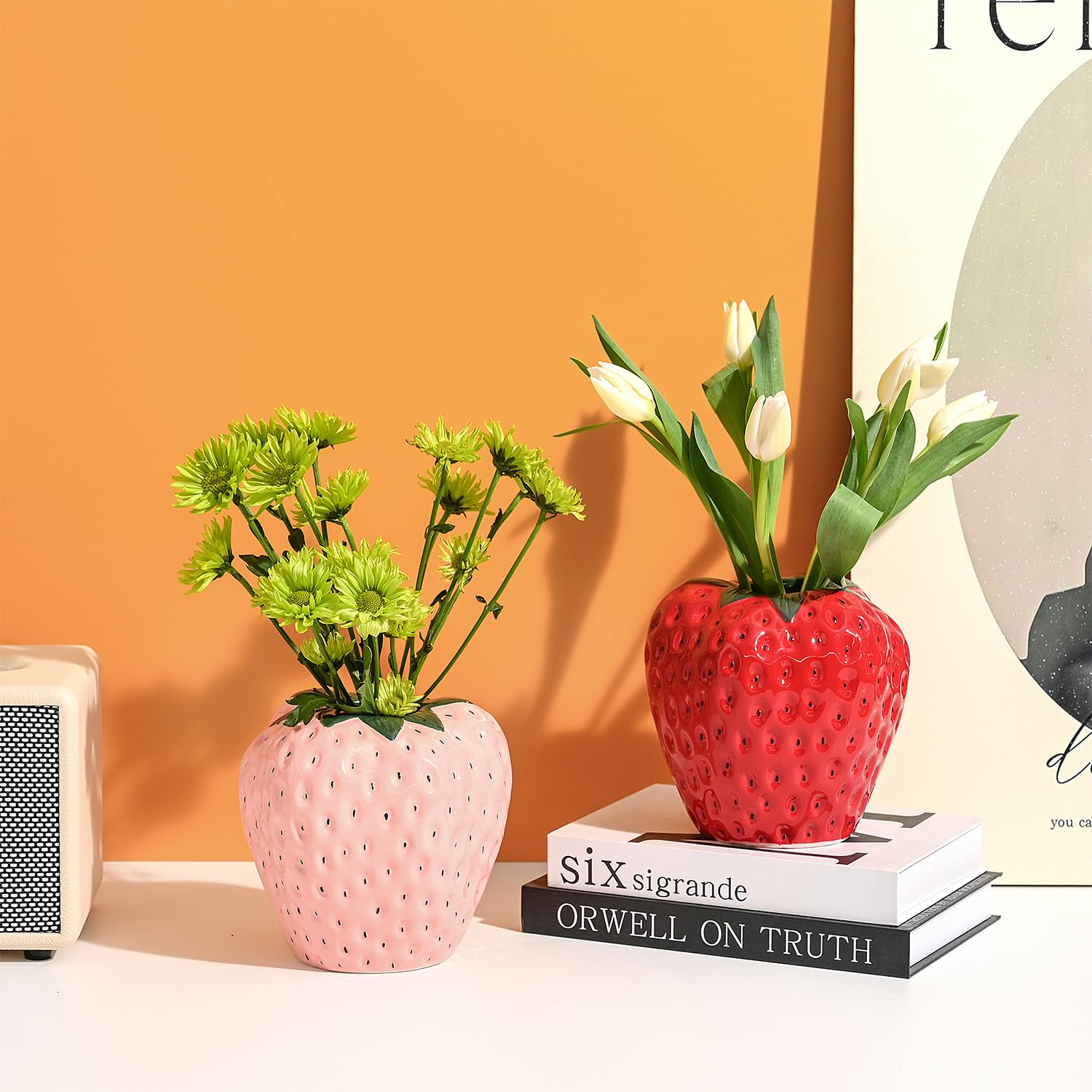 Strawberry Vase for Flowers, Dusty Pink Ceramic Fruit Vase, Strawberry Shaped Planter Pot with Green Leaves and Black Seeds Decor