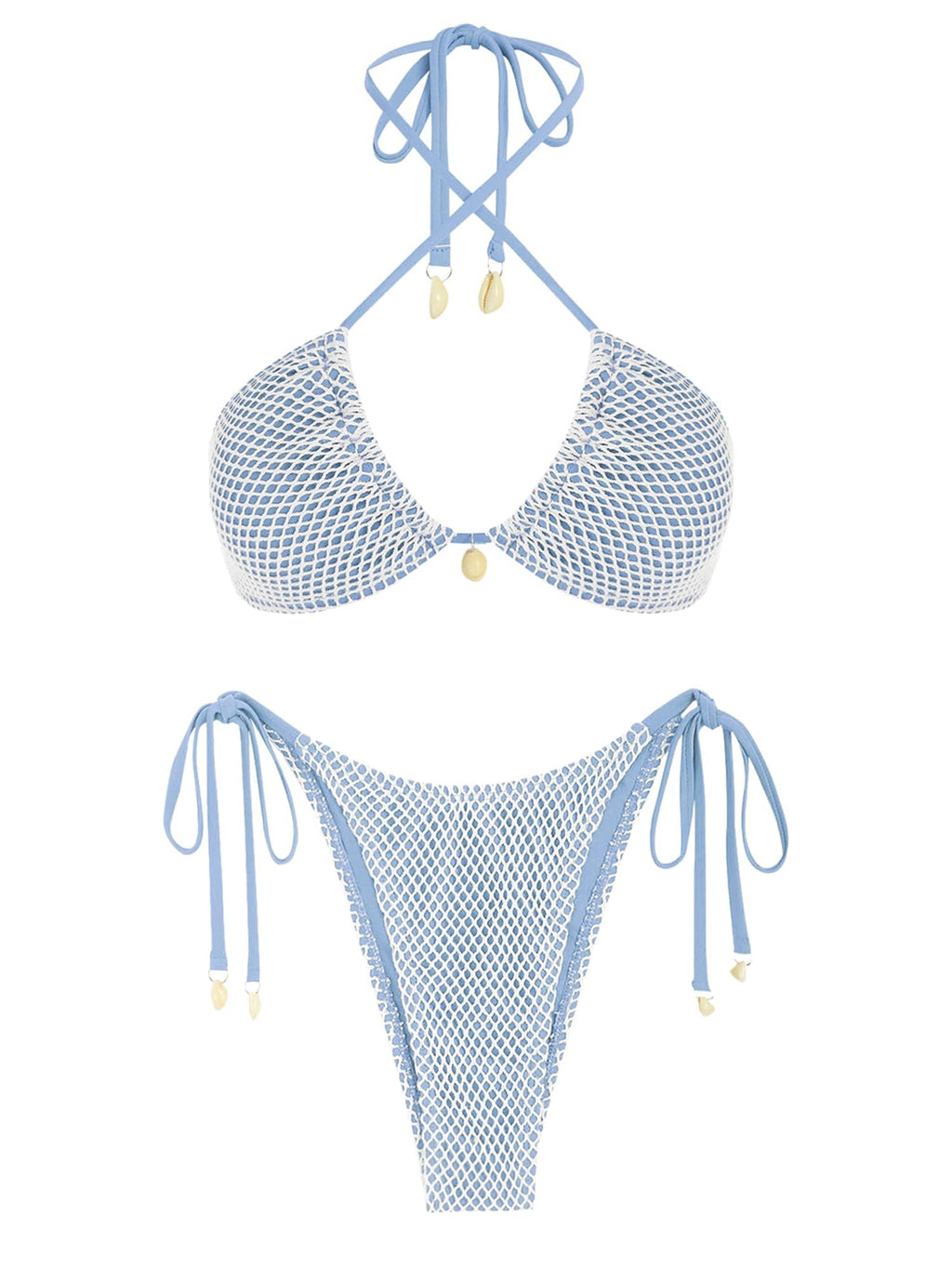 Women's Multiway Triangle Bikini â€?Fishnet Tie-Side Bandeau & Halter Swimsuit Set