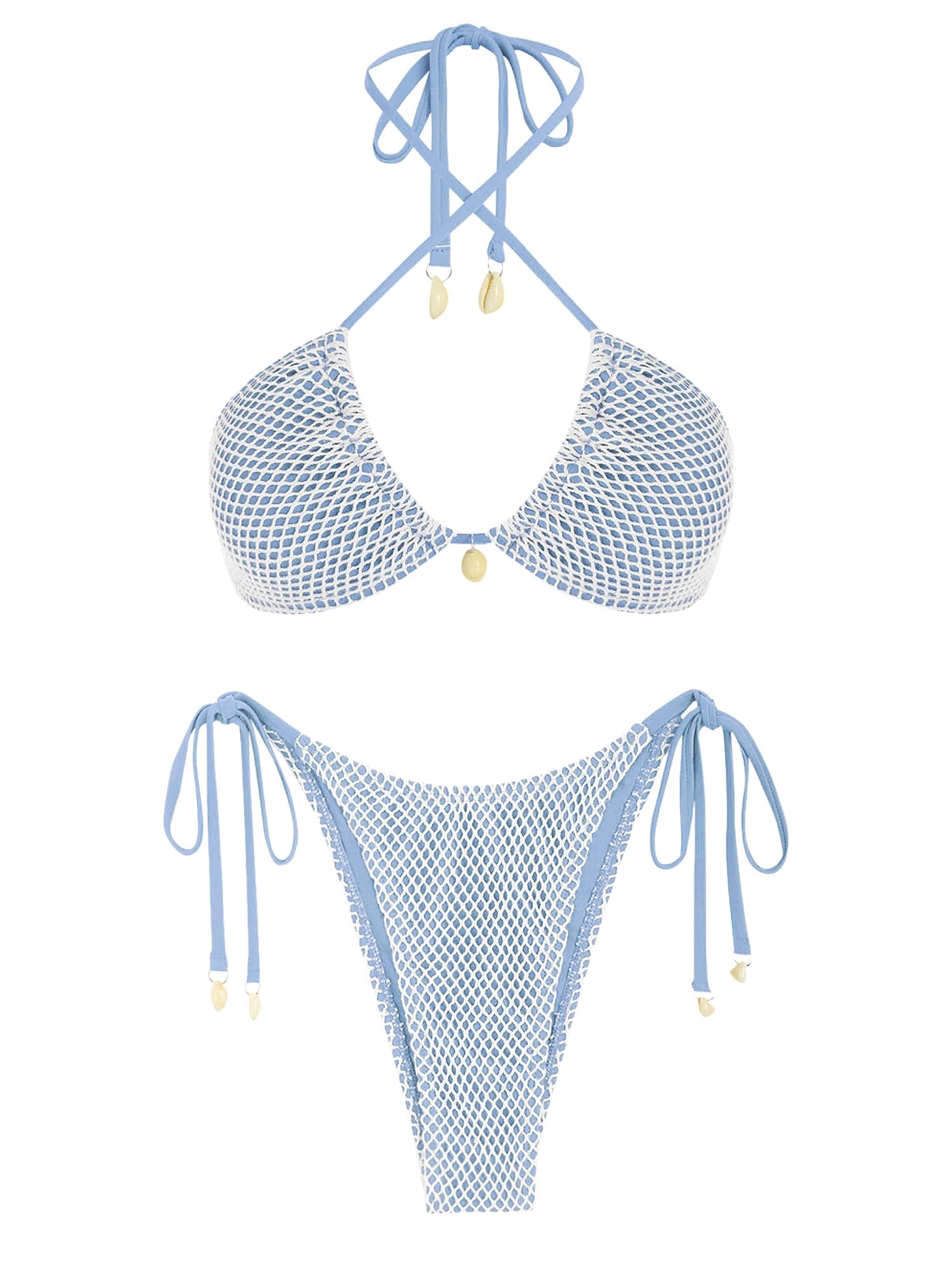 Women's Multiway Triangle Bikini â€?Fishnet Tie-Side Bandeau & Halter Swimsuit Set