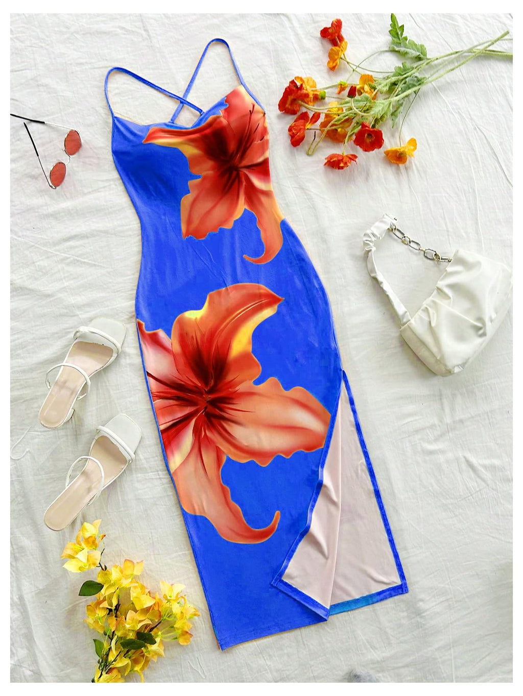 Women's Floral Print Split Thigh Bodycon Dress Criss Cross Skinny Long Cami Dresses