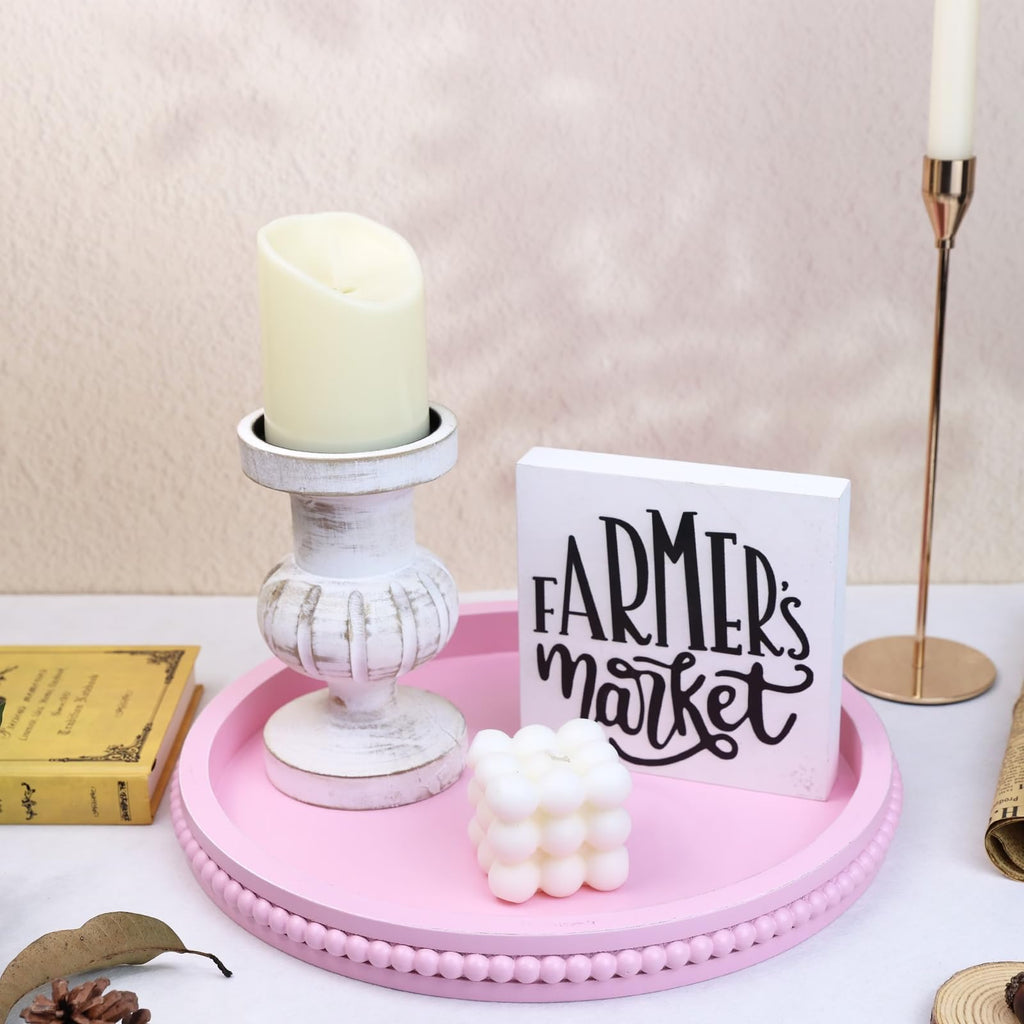 Round Wood Decorative Ottoman Tray for Coffee Table Kitchen Counter, Living Room, Handcrafted Wooden Serving Tray for Table Centerpiece