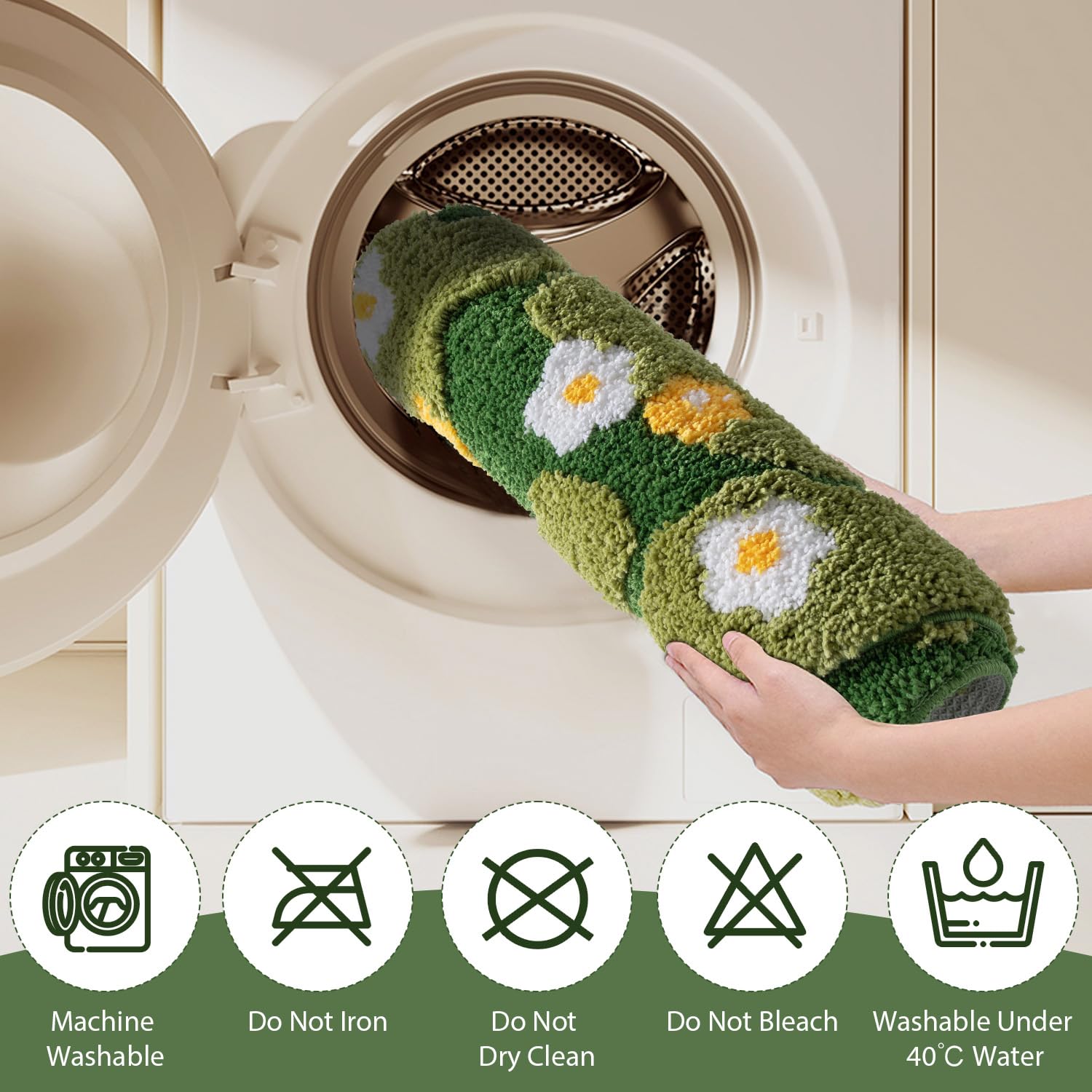 Green Moss Bathroom Rugs Bath Mat Non Slip, Ultra Soft Absorbent Aesthetic Decor Shaggy Tufted Flower Long Bath Rugs