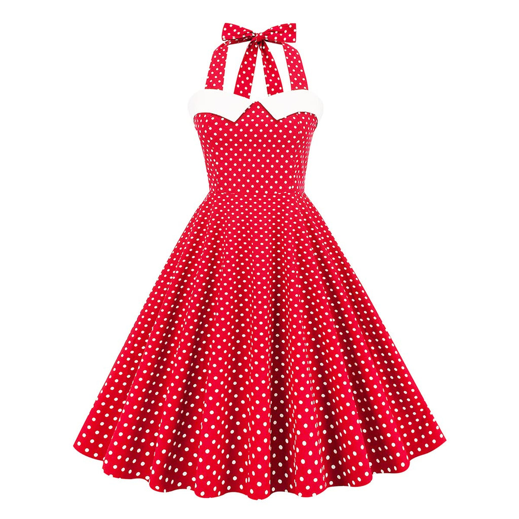 Vintage Women 1950s Rockabilly Swing Dress Pinup 50s Retro Hepburn Style Halterneck A-Line Dresses