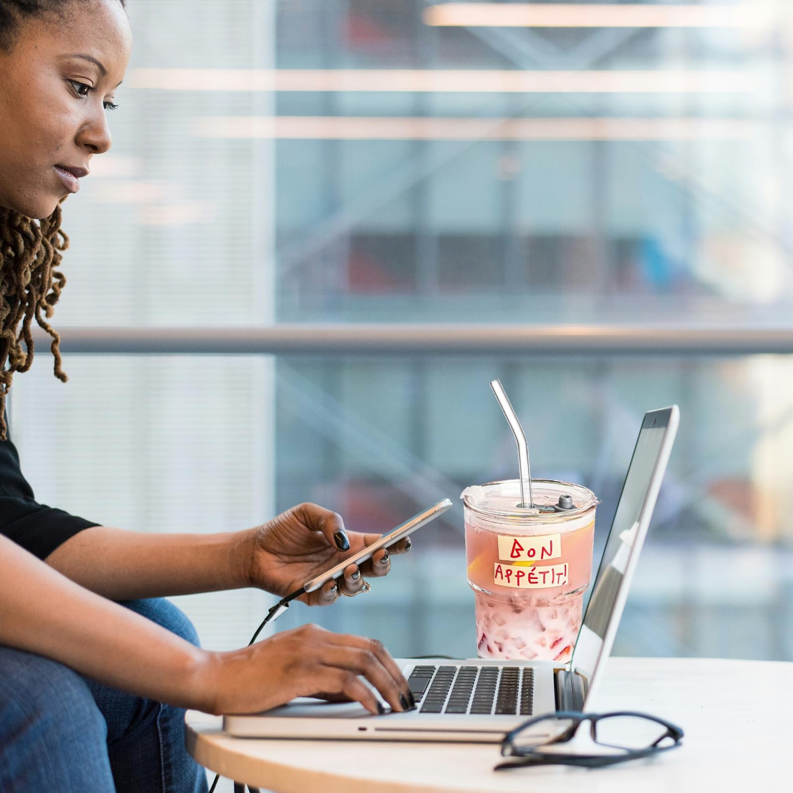 Glass Tumbler with Straw and Lid Sealed, Carry On Reusable Iced Coffee Cups,Thick Wall Glass Drinking Glassware Cups 13oz