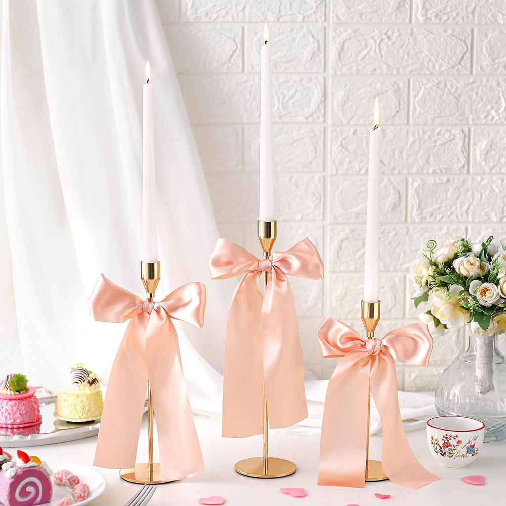 Gold Candlestick Holders with Stain Bow and Long Candles Metal Taper Candle Holders Champagne Pink Satin Bow Coquettish Decor
