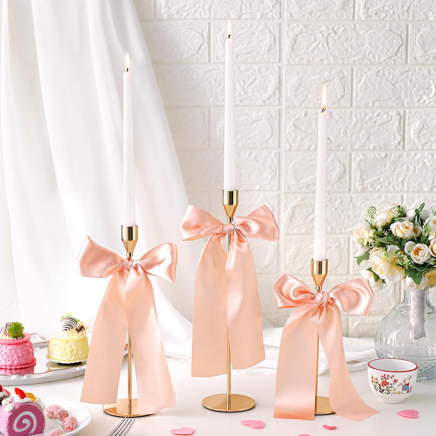 Gold Candlestick Holders with Stain Bow and Long Candles Metal Taper Candle Holders Champagne Pink Satin Bow Coquettish Decor
