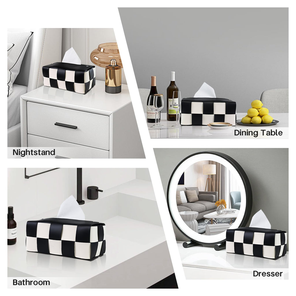 PU Leather Tissue Box Holder with Metal Buckle, Checkered Tissue Box, Decorative Organizer