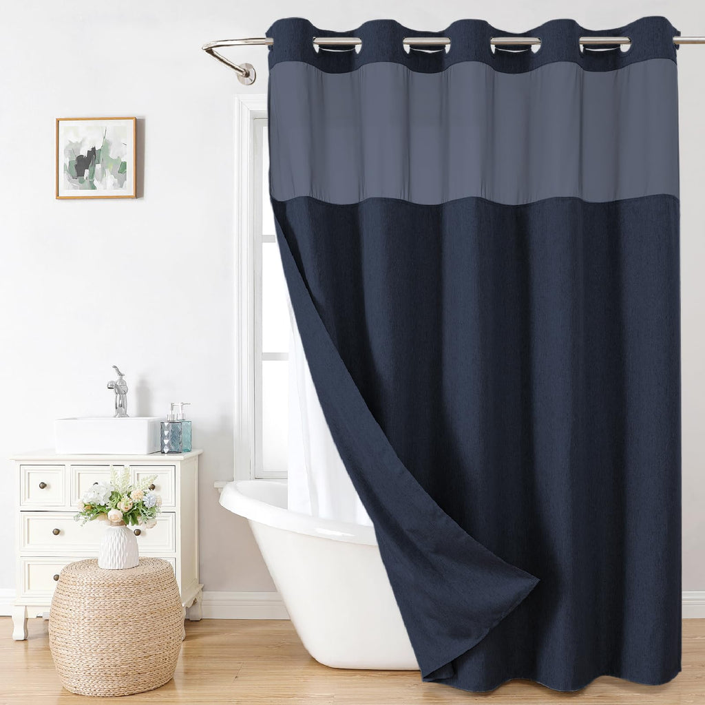 No Hooks Needed Linen Textured Shower Curtain with Snap-in Fabric Liner Set, Luxury Decor Shower Curtains for Bathroom with Mesh Top Window, Waterproof & Washable