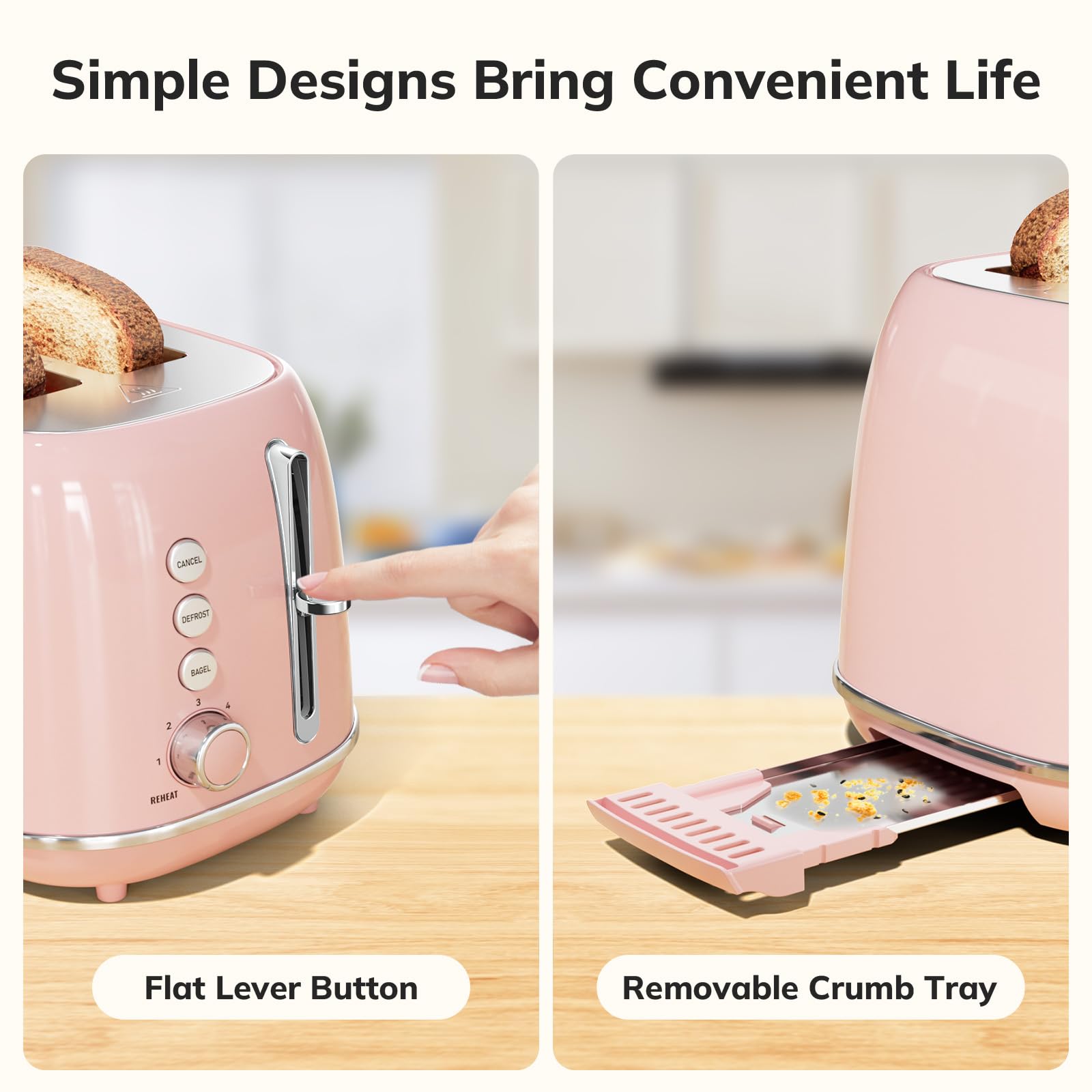 Toaster 2 Slice Stainless Steel with 6 Bread Shade Settings, Retro Toaster with Extra Wide Slot