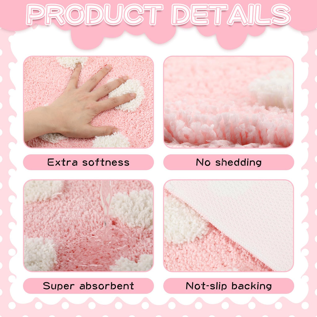 Pink Aesthetic Preppy Bathroom Rugs White Pink Bath Mats Non Slip Washable Tufted Cute Bathroom Mat Absorbent Bath Rug for Home, Tub, Floor Carpet, 32 x 20''(Polka Dot)