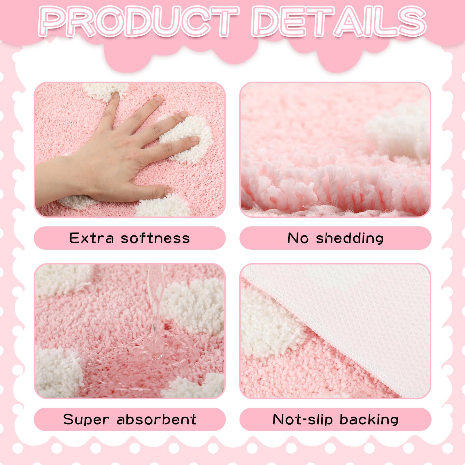 Pink Aesthetic Preppy Bathroom Rugs White Pink Bath Mats Non Slip Washable Tufted Cute Bathroom Mat Absorbent Bath Rug for Home, Tub, Floor Carpet, 32 x 20''(Polka Dot)