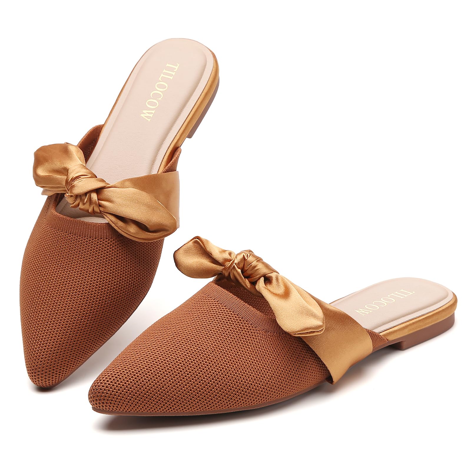 Knotbow Mules for Woman Pointed Toe Flats Bow Mules Slip On Slides Flats Shoes Women Dressy Comfortable