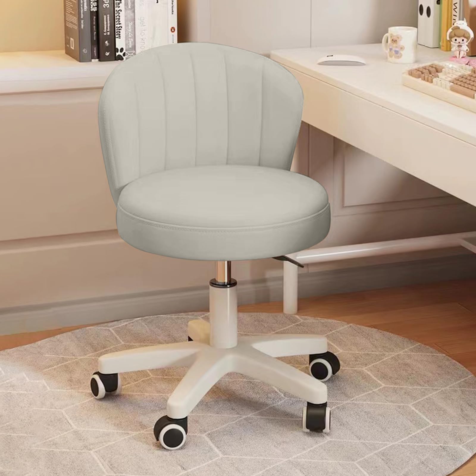 Small Desk Chair Round Rolling Chair with Back PU Leather Height Adjustable Swivel Vanity Work Computer Stool Chair