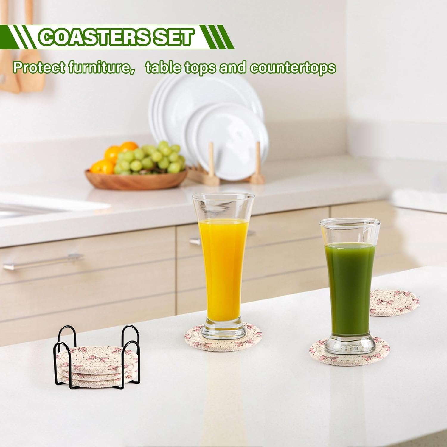 Pink Bow Woven Coasters Set â€?3.9" Absorbent, Heat-Resistant (6 pcs + Holder)