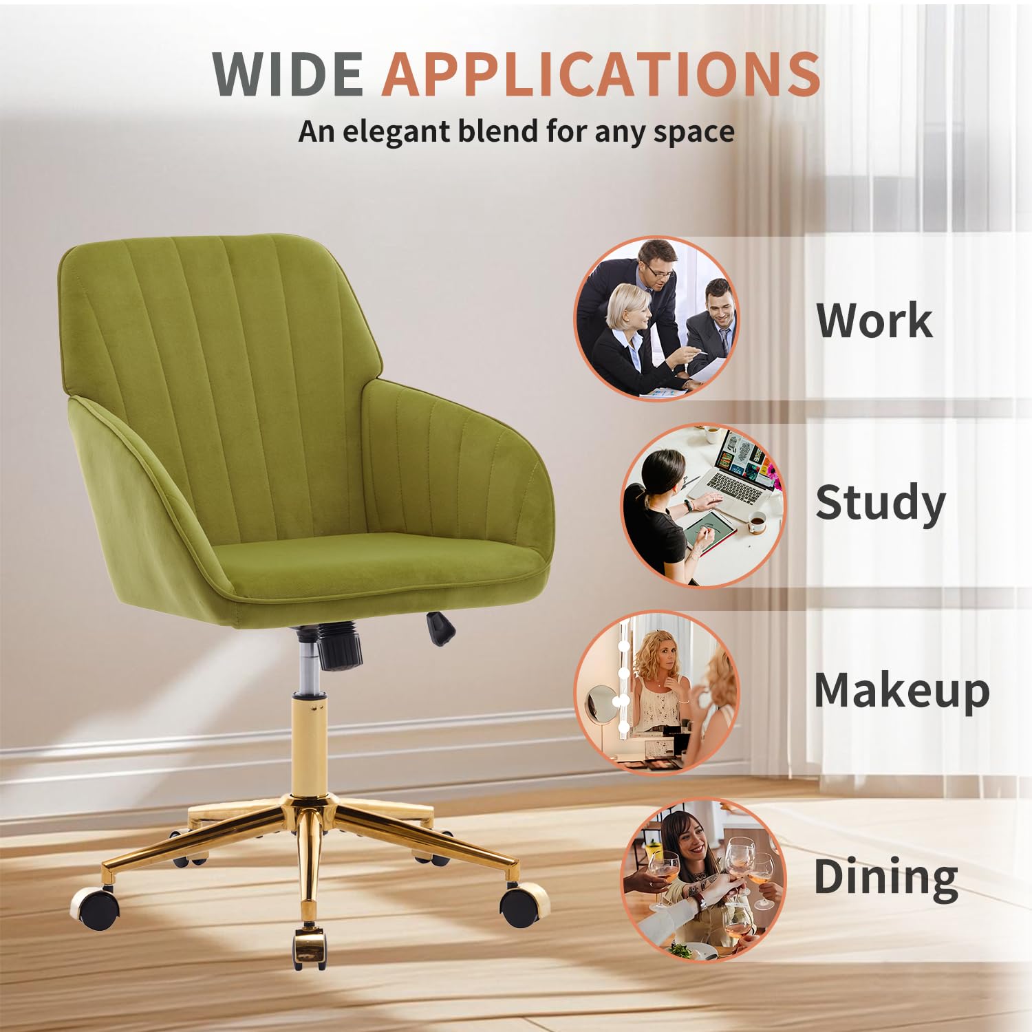 Modern Vanity Velvet Adjustable Low Back Rolling Chair, Twill Upholstered Cute Chair with Wheels